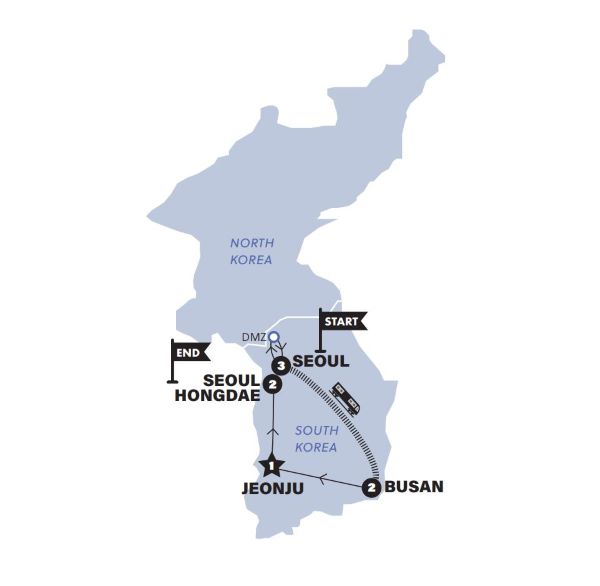 Map of South Korea indicating all stops along this itinerary
