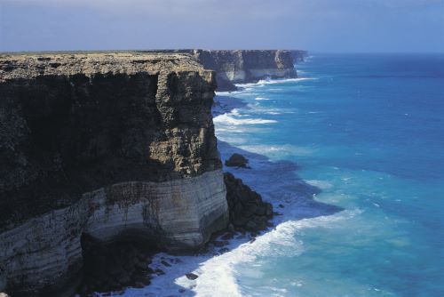 Waves crushing at the rugged Bunda Cliffs along Australia's Great Southern Coast