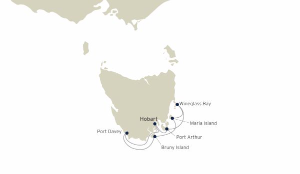 Map of Tasmania indicating the stops of this itinerary