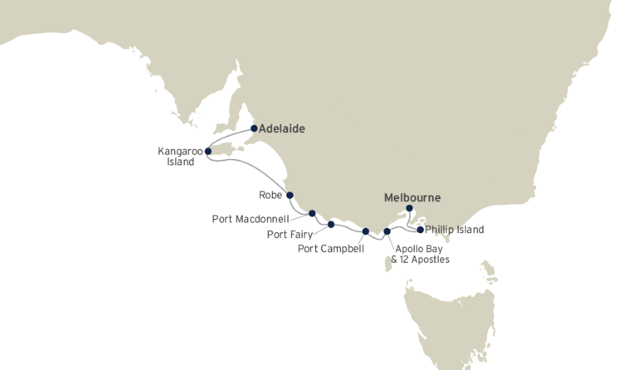 Map of Southern Australia indicating all stops along this cruise from Adelaide to Melbourne 