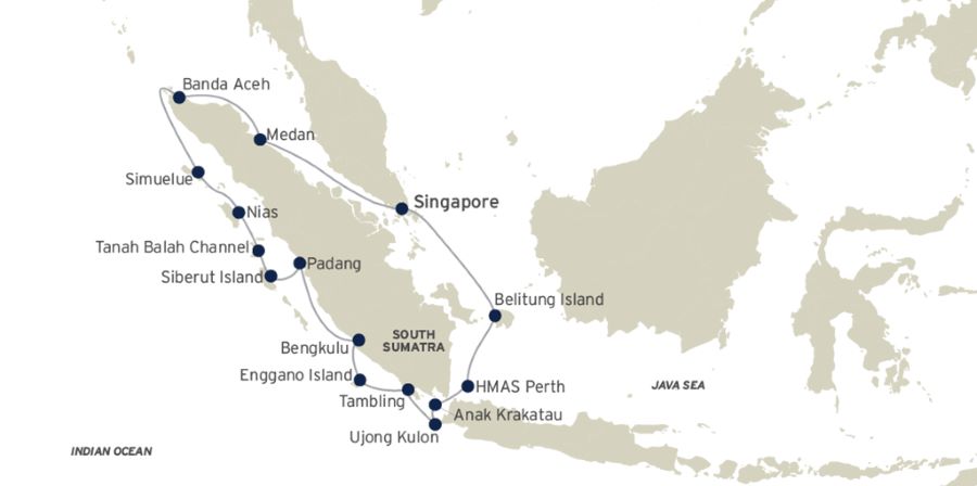 Map of Sumatra indicating all stops on this circumnavigation 