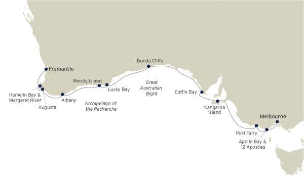 Map of Australia's Southern Coast indicating the stops along this itinerary