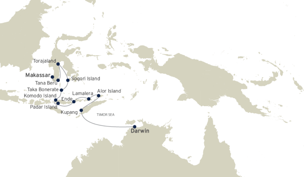 A map of the journey from Darwin to Makassar indicating all stops along this itinerary