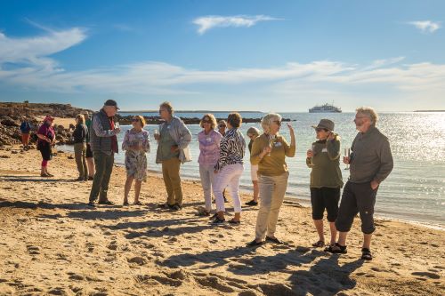 Coral Expeditions passengers enjoying sunset drinks on Reevesby Island 