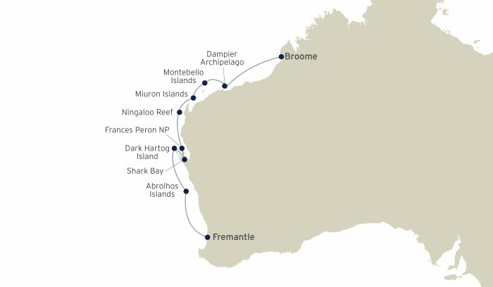 Map of Western Australia indicating all stops along this itinerary