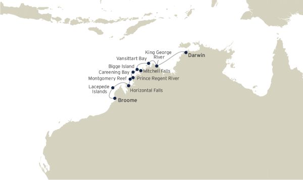 Map of the Kimberley region indication all highlights along the 10 night itinerary