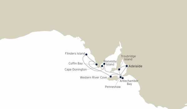 A map of South Australia indicating the stops along this itinerary