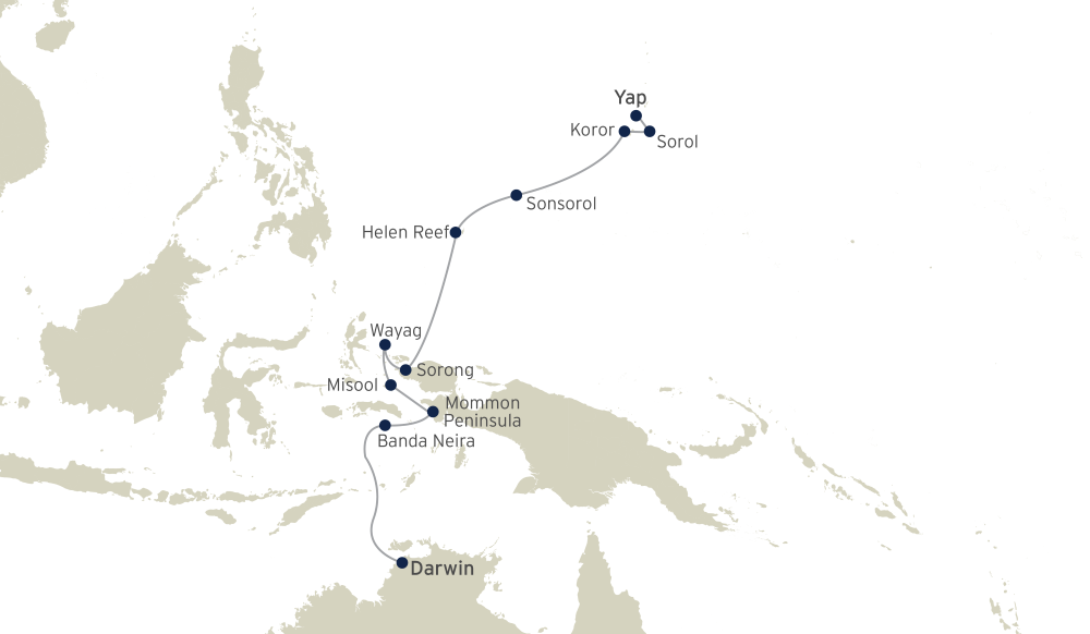 Map of Papua New Guinea and Micronesia indicating the route and all stops along this cruise itinerary 