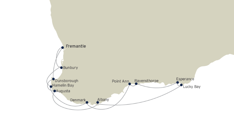Map of South Western Australia indicating all stops along this itinerary 