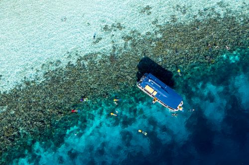 A top-down image of a tender boat in the middle of a coral reef with snorkellers around the boat swimming through the clear water