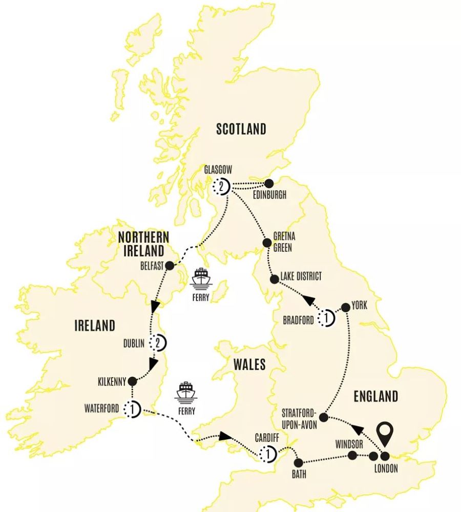 Map of Britain and Ireland indicating all stops along this itinerary