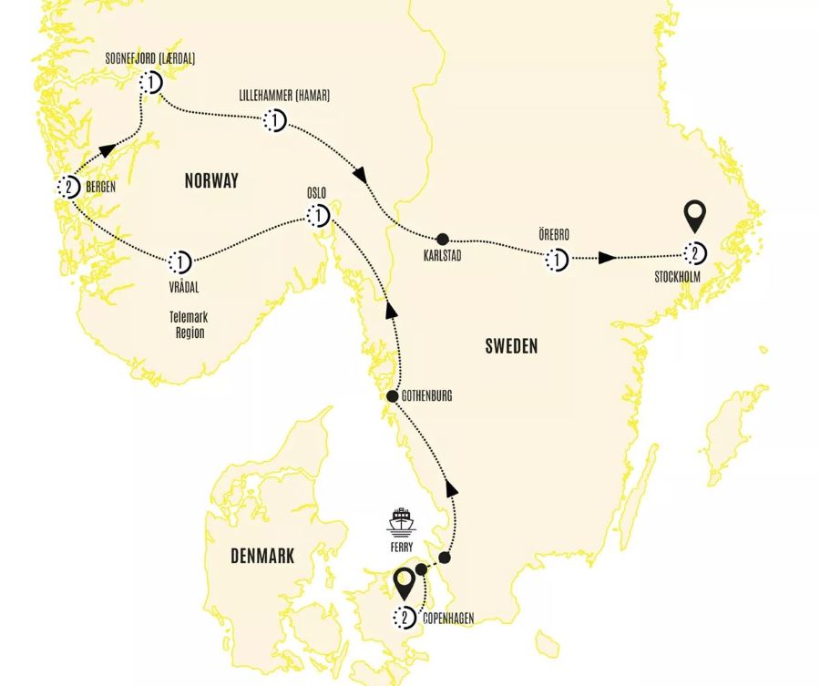 Map of Scandinavia indicating all stops along this itinerary