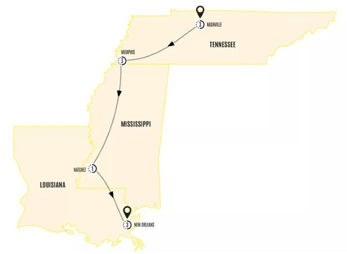 Map of southern US states indicating all stops along this itinerary 
