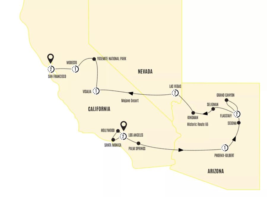 Map of West USA indicating all stops along this itinerary 