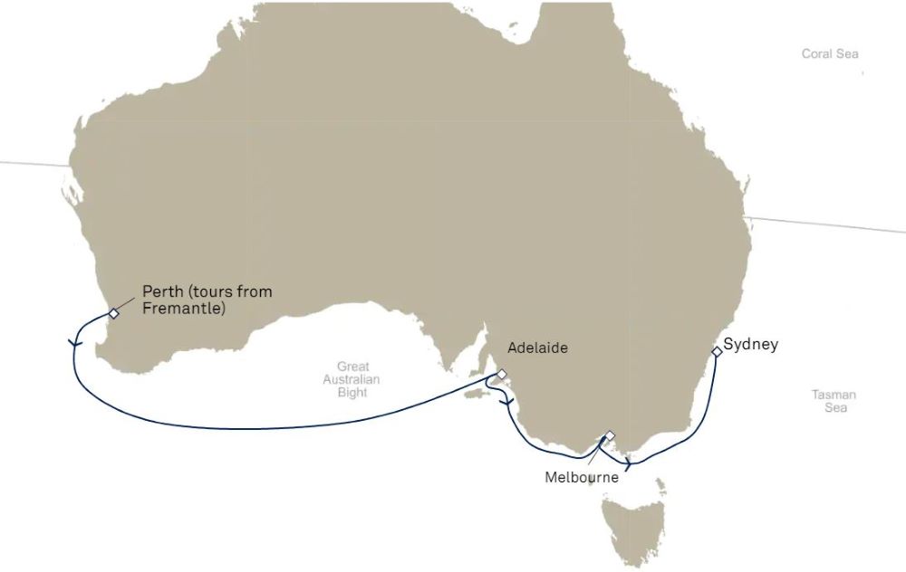 Map of Australia indicating all stops along Australia 