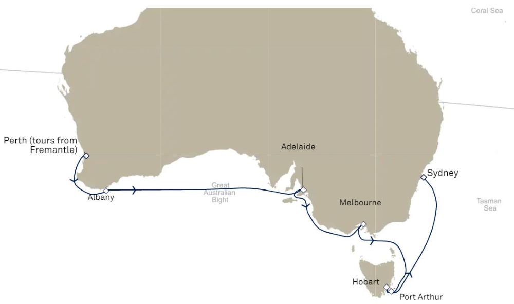 Map of Australia indicating all stops along this itinerary