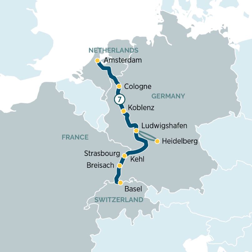 A map of Europe showing stops of a River cruise