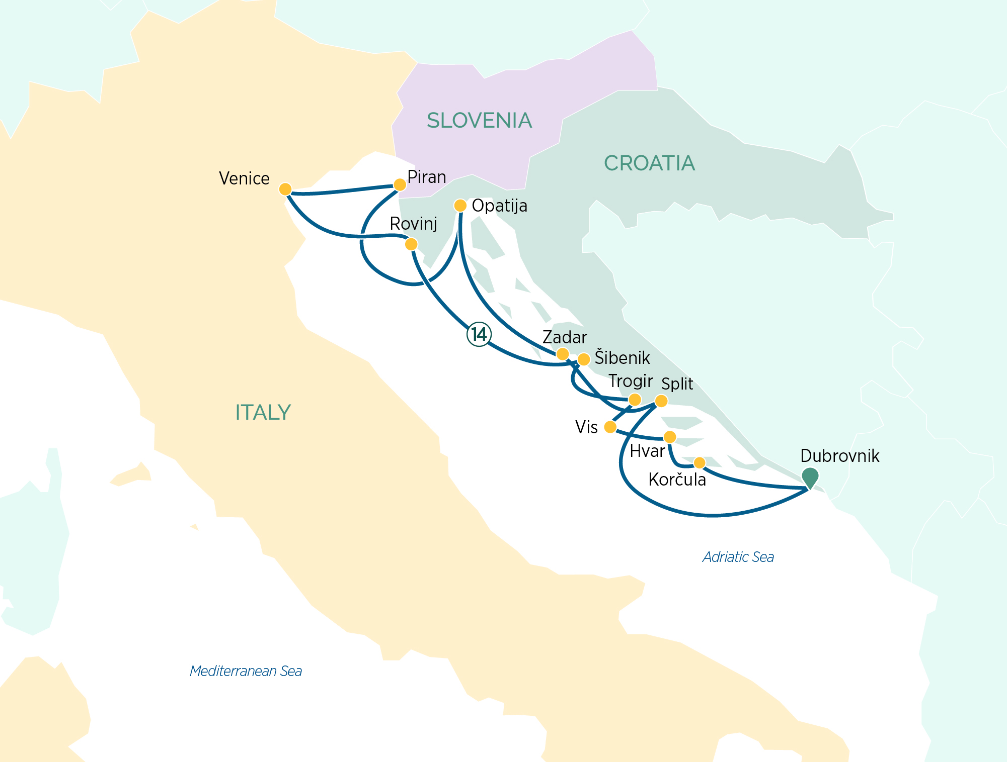 Map of Croatia indicating all stops along this itinerary 