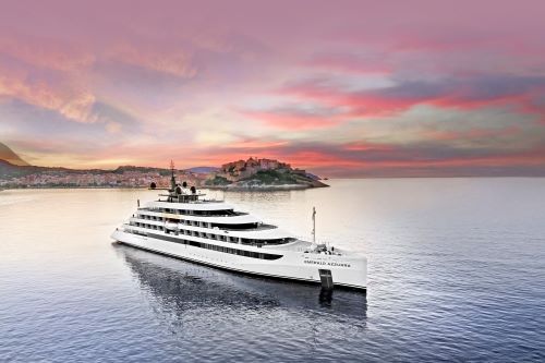Luxury Yacht the Emerald Azzurra at dusk in Europe