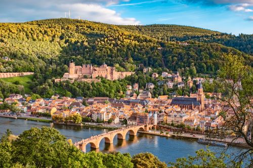 A view of a European river going through a small town and a bridge over the river