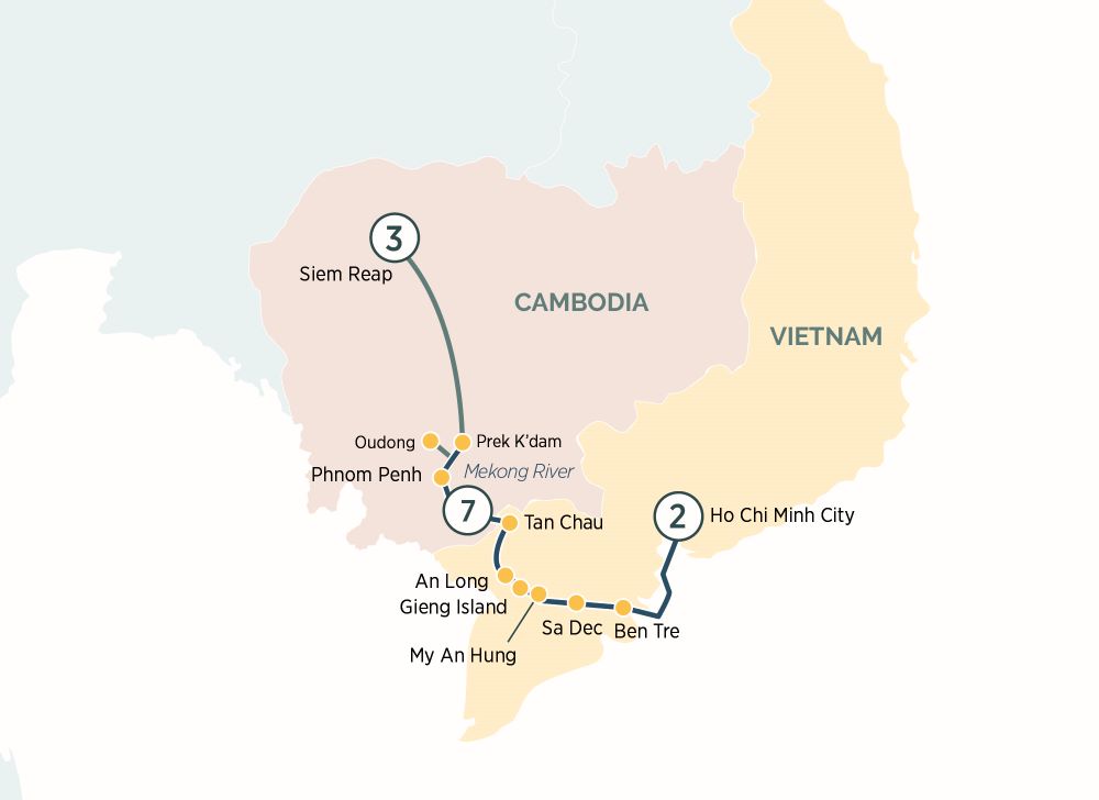 Map of Vietnam and Cambodia indicating all stops along this itinerary 