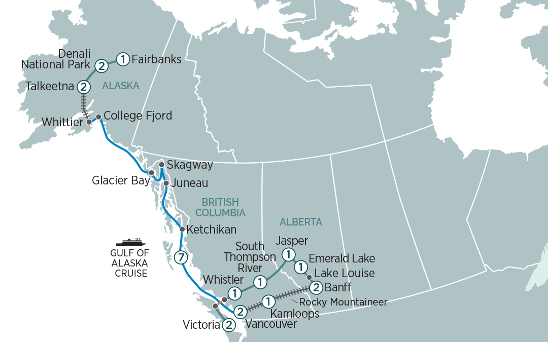 Map of Canada & Alaska indicating all stops along the itinerary 