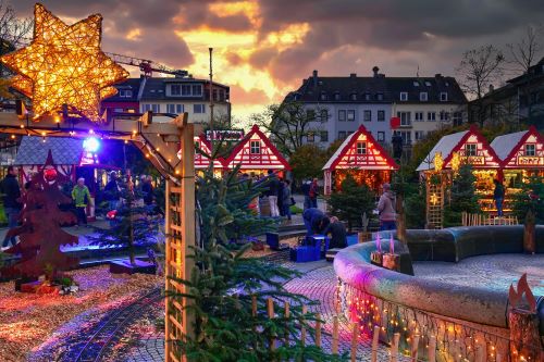 A European village at Christmas time showing Christmas markets and decorations