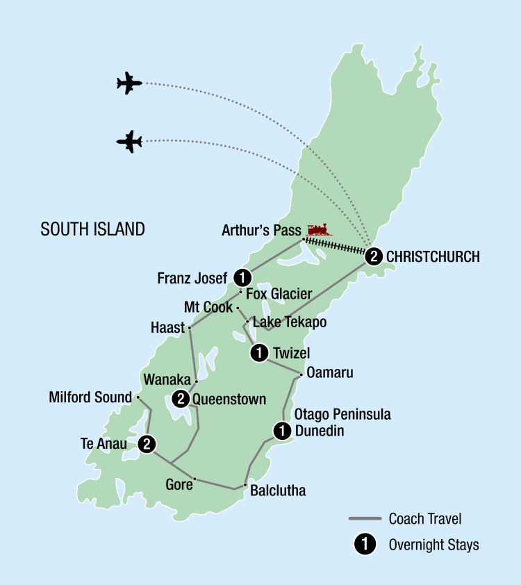 Map of New Zealand indicating all stops along the itinerary 