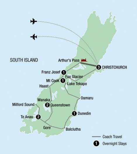 Map of the South Island of New Zealand indicating all stops along this itinerary 