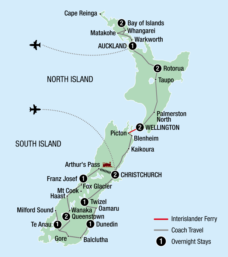 Map of New Zealand indicating all stops along the itinerary 