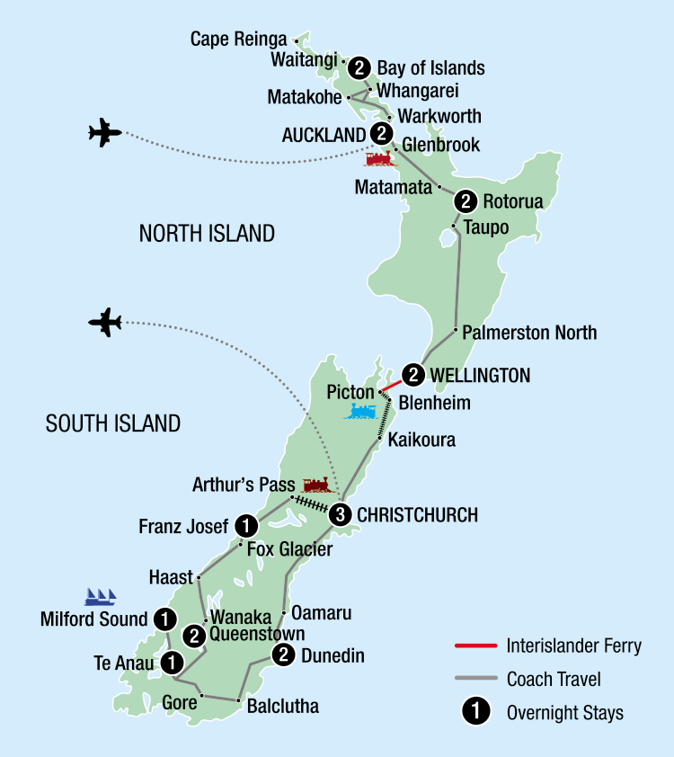 Map of New Zealand indicating all stops along the itinerary 