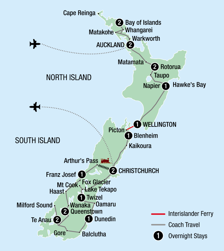 Map of New Zealand indicating all stops along the itinerary 