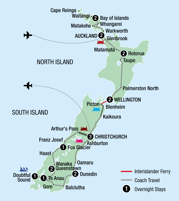 Map of New Zealand indicating all stops along the itinerary 