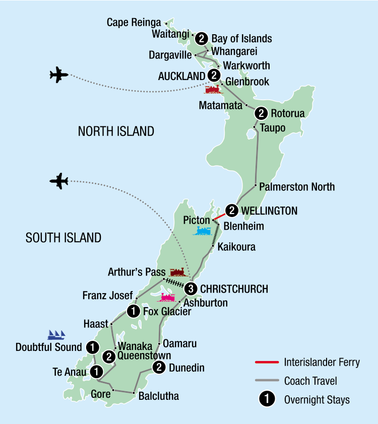 Map of New Zealand indicating all stops along this itinerary
