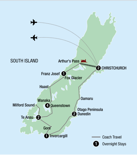 Map of New Zealand showing all the stops on this itinerary 