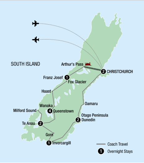 Map of New Zealand showing all the stops on this itinerary