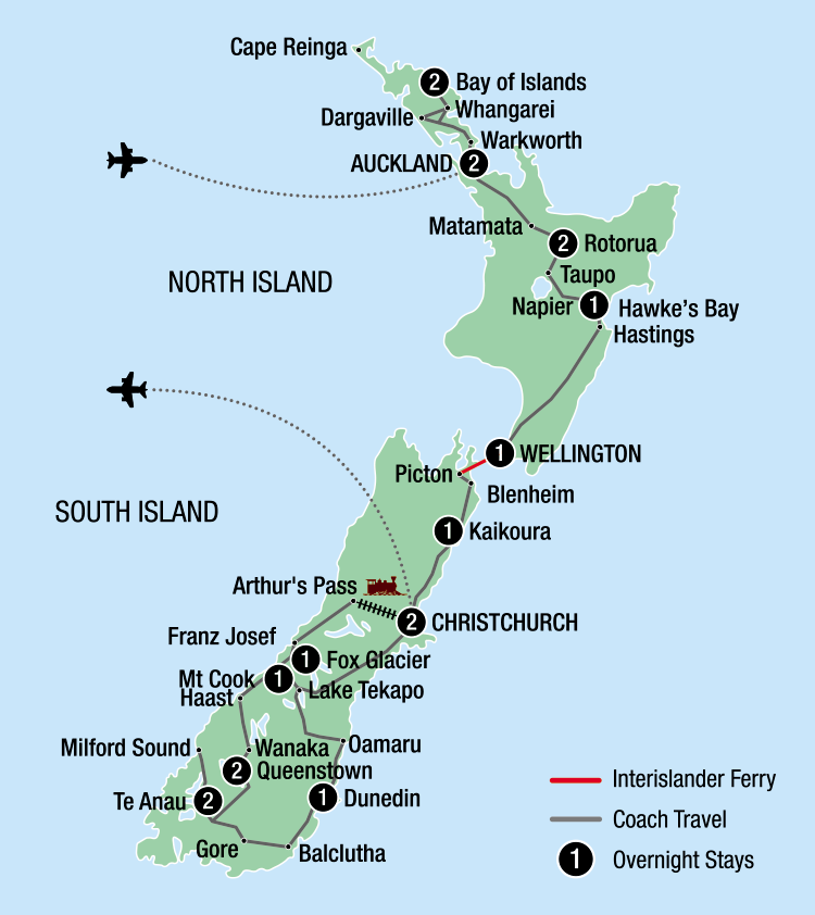 Map of New Zealand indicating all stops along this itinerary