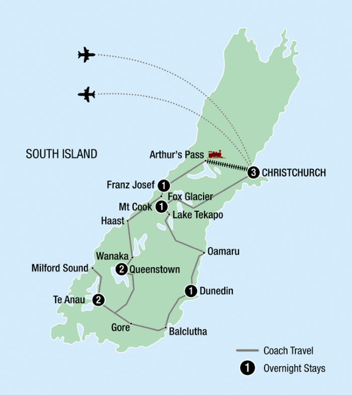Map of New Zealand's South Island indicating all stops along this itineary