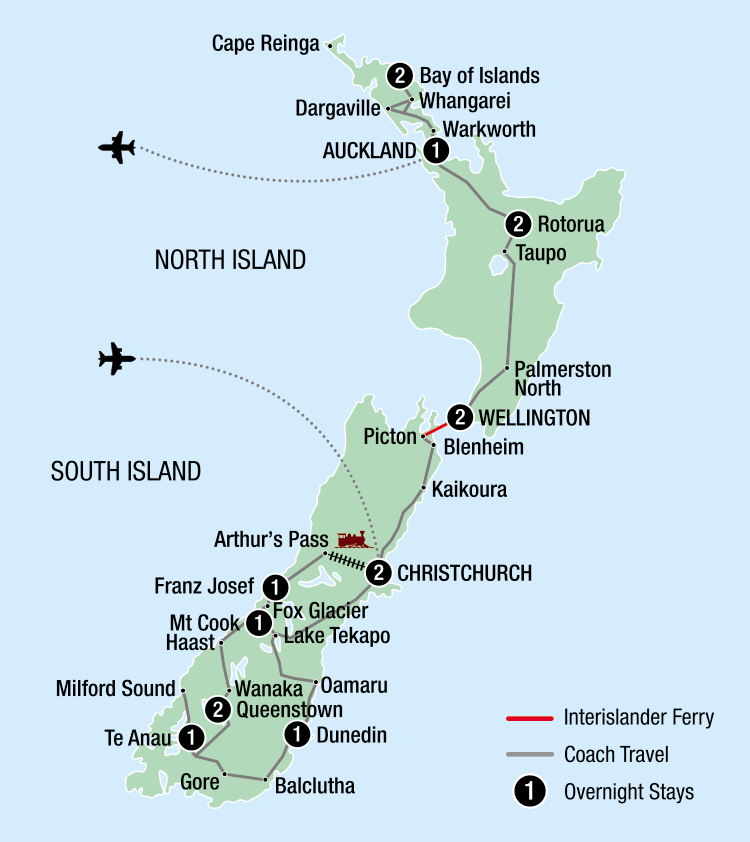 Map of New Zealand indicating all stops along this itinerary