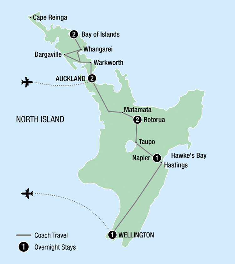 Map of New Zealand's North Island indicating all stops along this itinerary