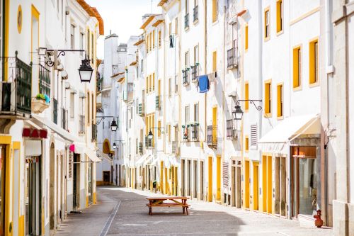 Street view with beautiful old residential buildings 