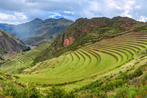 Lush green Pisac terraces in Sacred Valley