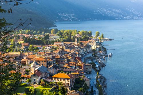 Aerial view of Cannobio, a picturesque small town by the Lake Maggiore. 