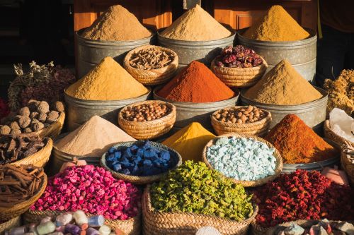 Colorful spices at a traditional market in Marrakech