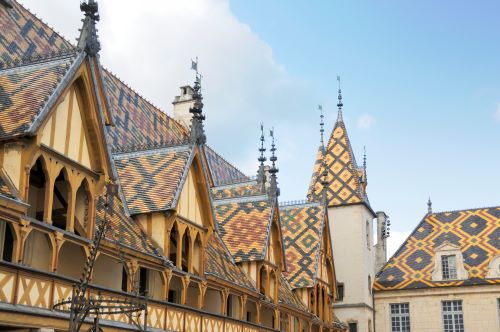Intricate roof architecture of The Hospices de Beaune, an iconic place in Burgundy
