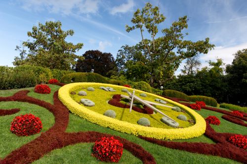 The Geneva Flower Clock named L'horloge fleurie displayed in yellow and red flowers