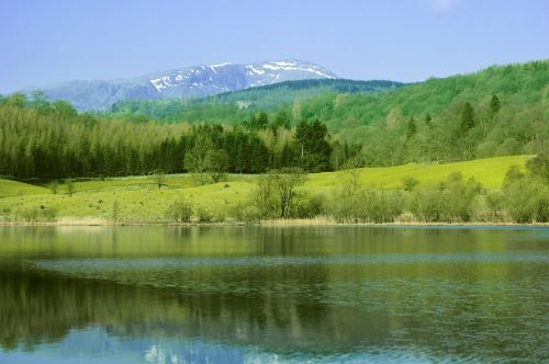 A lake surrounded by green hills and forest in front of a mountain range with patches of snow 