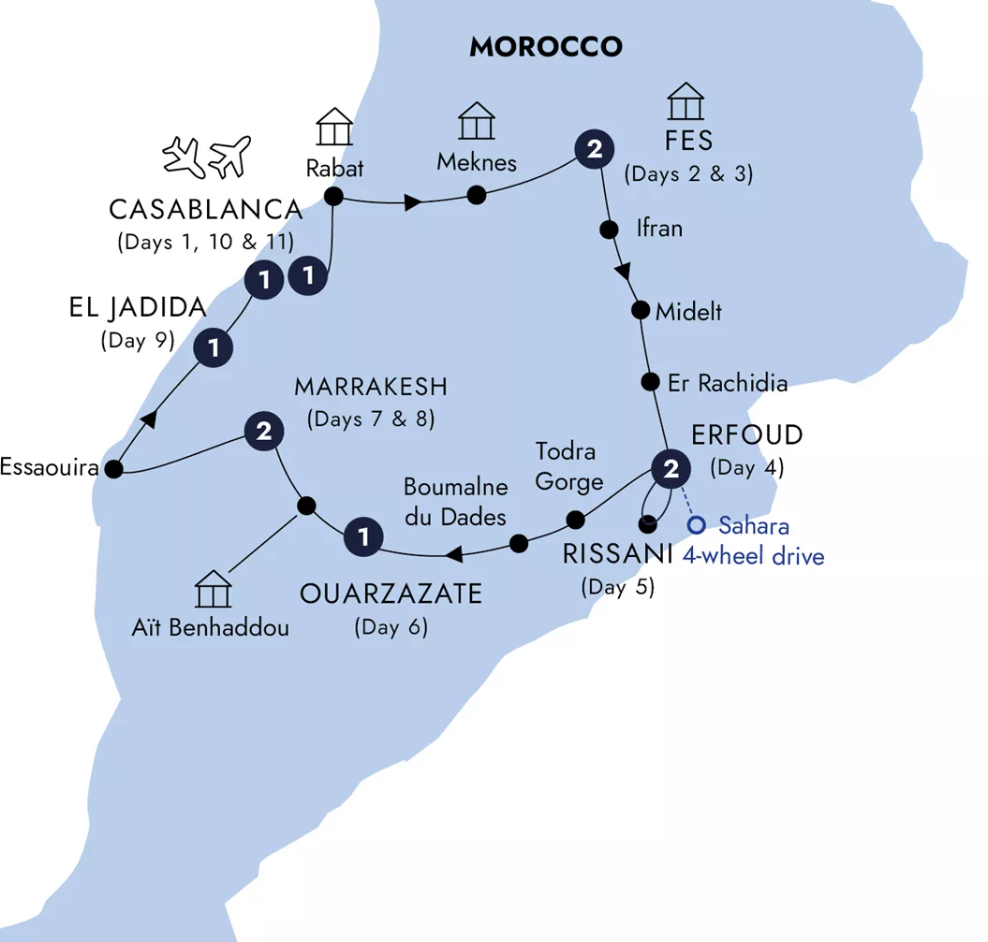 Map of Morocco indicating all stops along this itinerary 