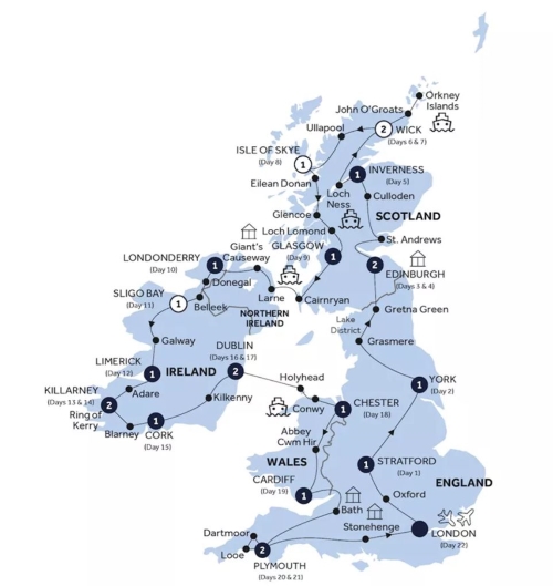 Map of Britain and Ireland indicating all stops of this itinerary