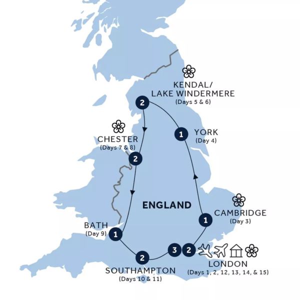 Map of England indicating all stops along this itinerary. 